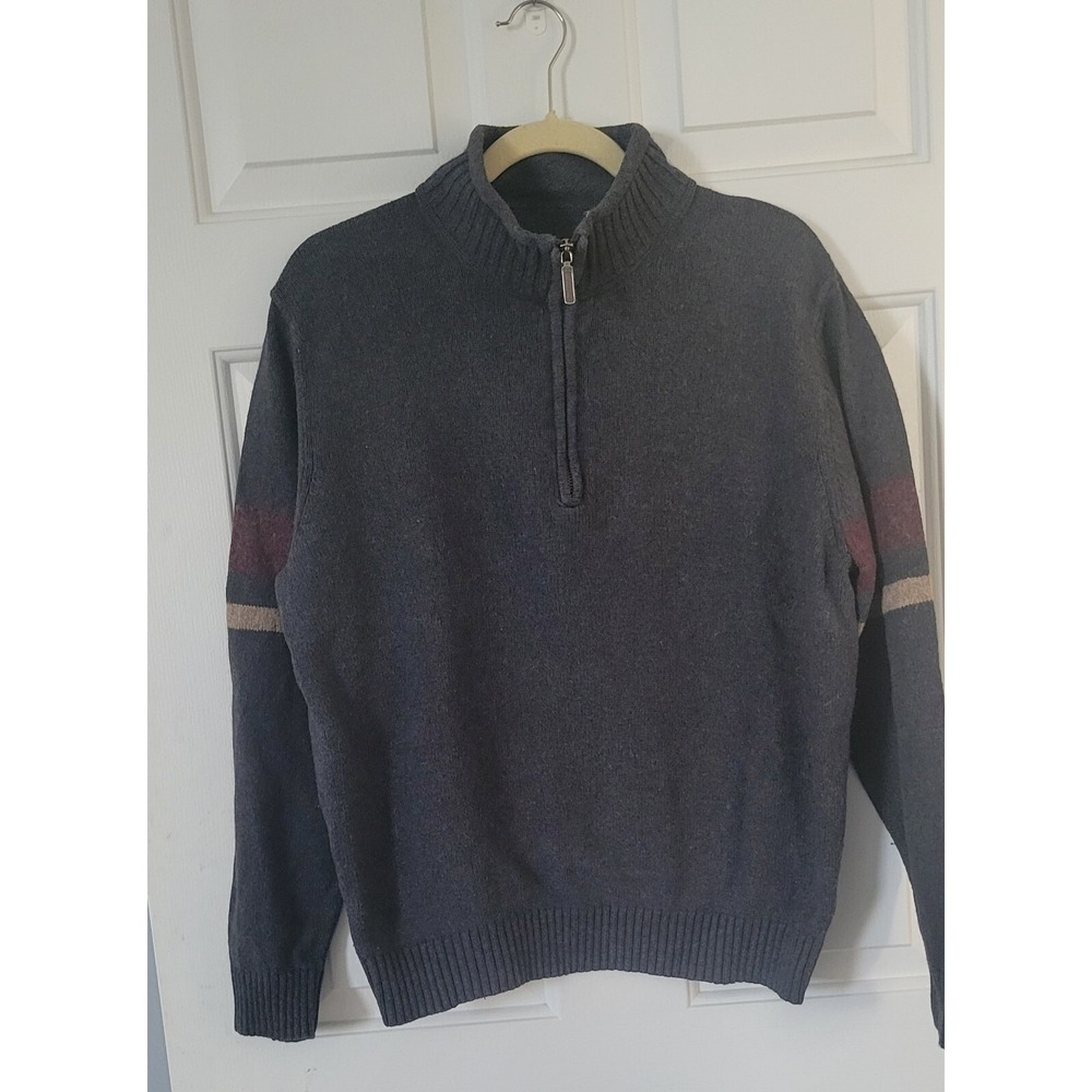 Eddie Bauer Lambswool Blend Quarter Zip Sweater Men's Size Medium Gray W/ Stripe